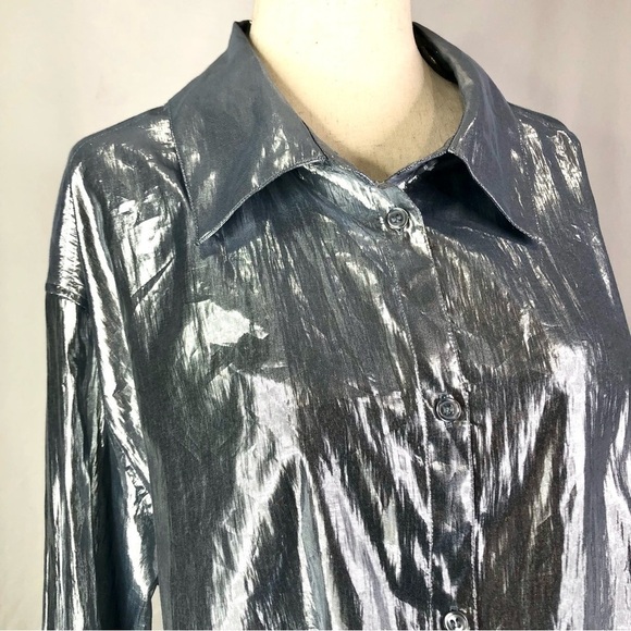 Justine Skye x H&M collab shirt metallic silver long sleeve crop button down L - Picture 3 of 11